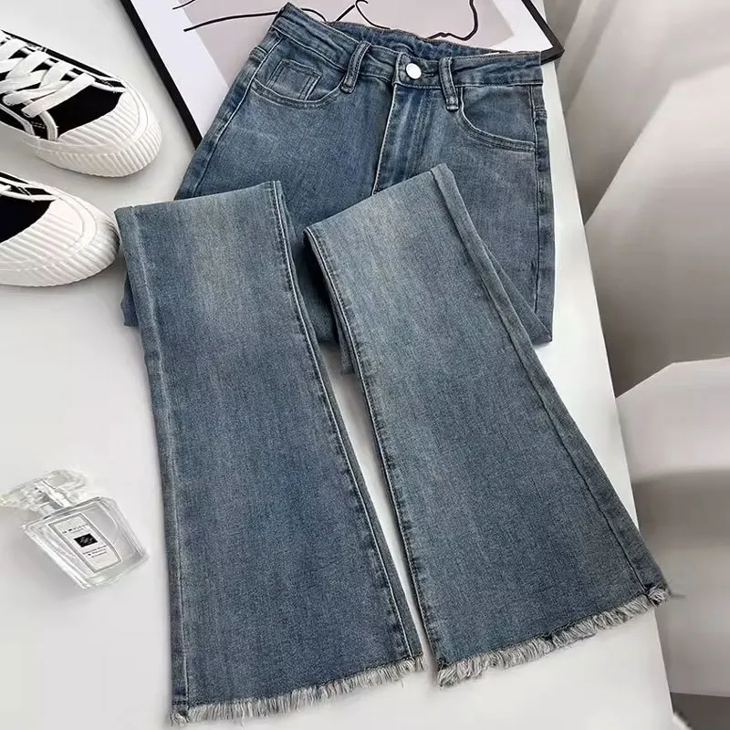 

Retro Blue Flared Pants Women Jeans Cotton Elastic Force England Style High Waist Women's Raw Edge Floor-length Flared Pants