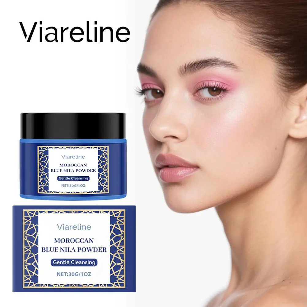Viarelines Polvo de Nila Azul Marroquí 30g, Mascarilla Facial Limpiadora Suave para Iluminar y Reafirmar la Piel, Limpieza Profunda de Poros