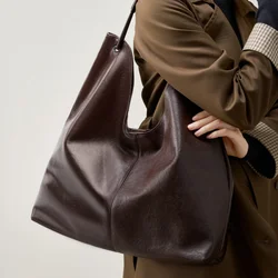 Chic Leather Handbag Tote For Women Vegetable Tanned Cowhide Shoulder Bag Versatile Large Capacity Work Shopper Underarm Bag