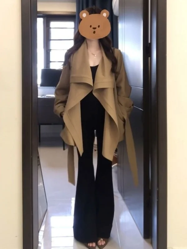 

Early Autumn Korean Sle i ort Coat Women Winter 2025 New Briti Sle Petite Turn Collar Elegance Outerwear