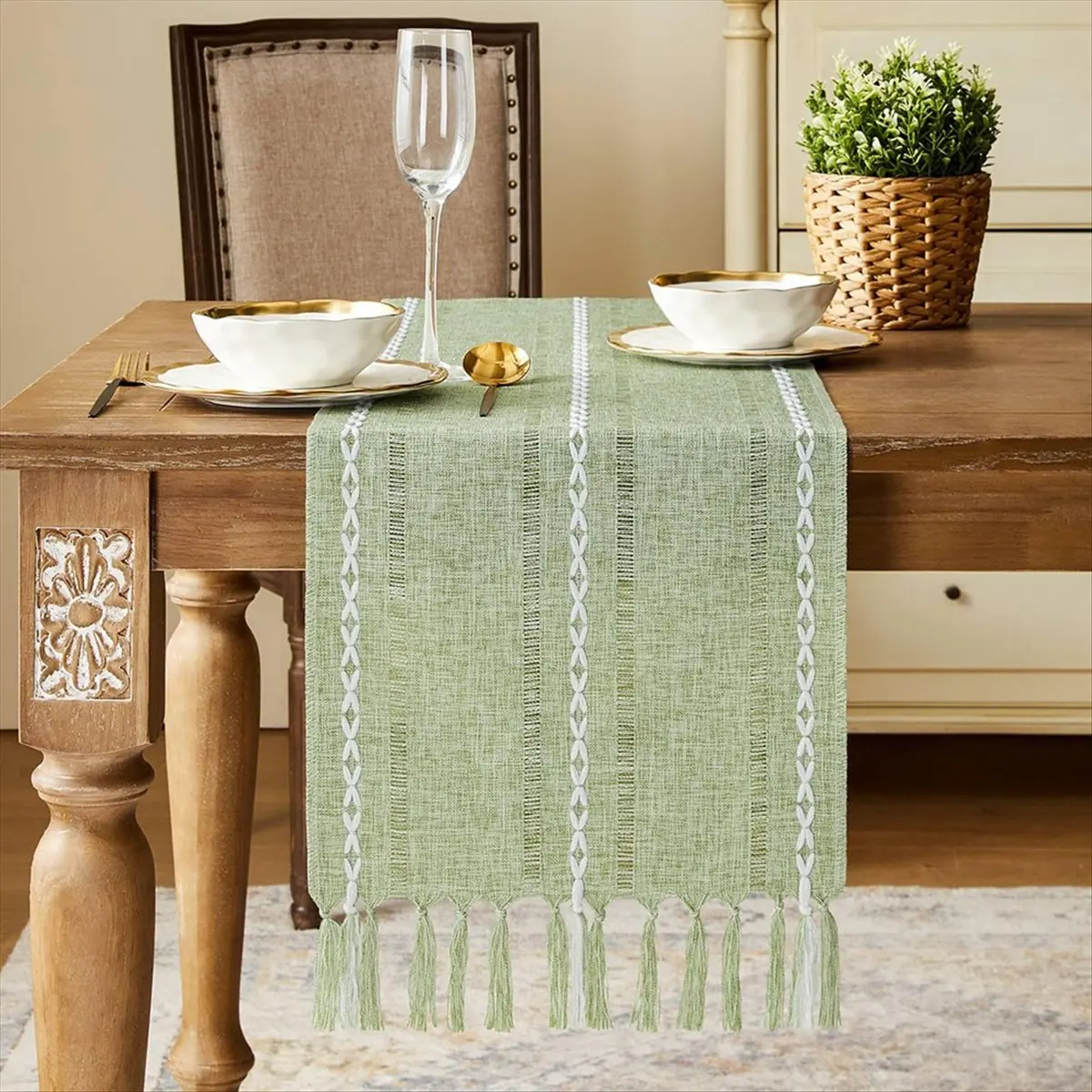 A78I Fine Stitching Farmhouse Wind Tablecloth Sage Green Bohemian Tablecloth Country Decoration 33x228cm