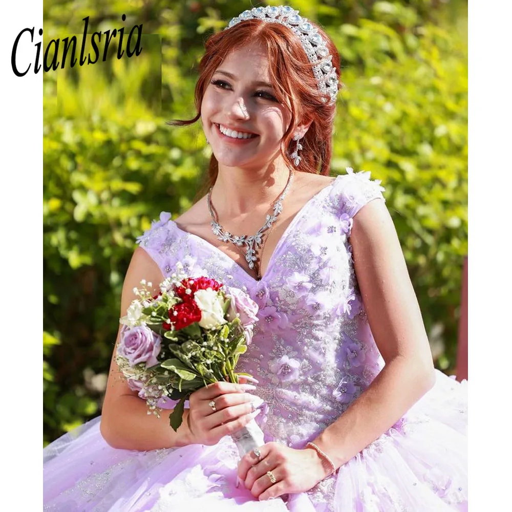 Elegant Lilac Lace Quinceanera Dresses  Ball Gown Masquerade Princess Prom Sixteen Sweet 16 Dress For 15 Years Old