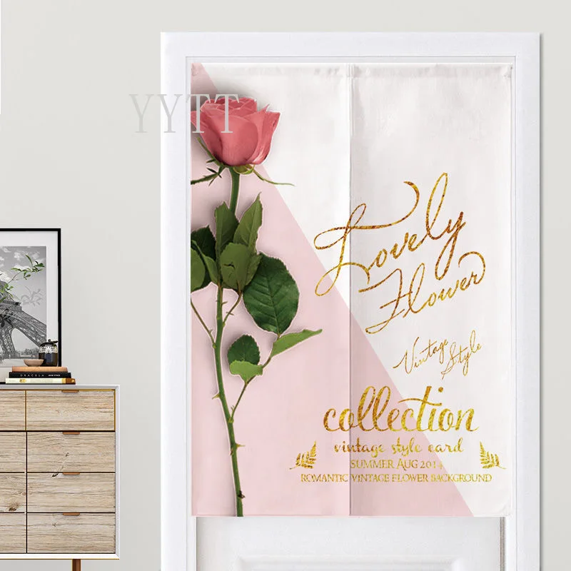 Pink Flowers Door Curtain Bedroom Kitchen Linen Partition Curtain Entrance Hanging Half Curtains Corridor Doorway Decoration