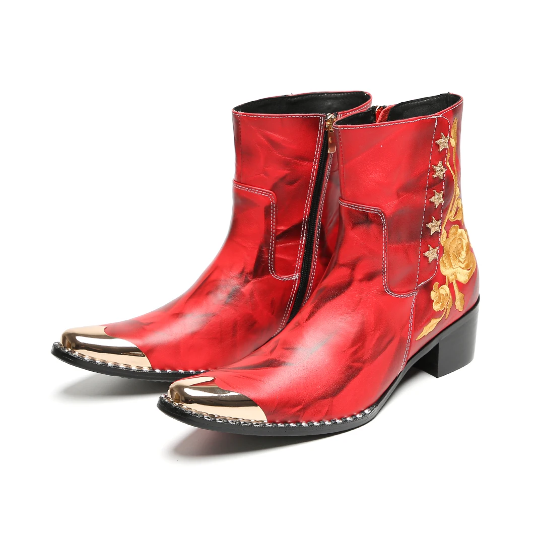 Herbst-Winter-Neue rote bestickte Stiefeletten für Herren, coole Metallkappe mit Nieten, Retro-Muster, seitlicher Reißverschluss, klobiger Absatz, modisch – Detail 7