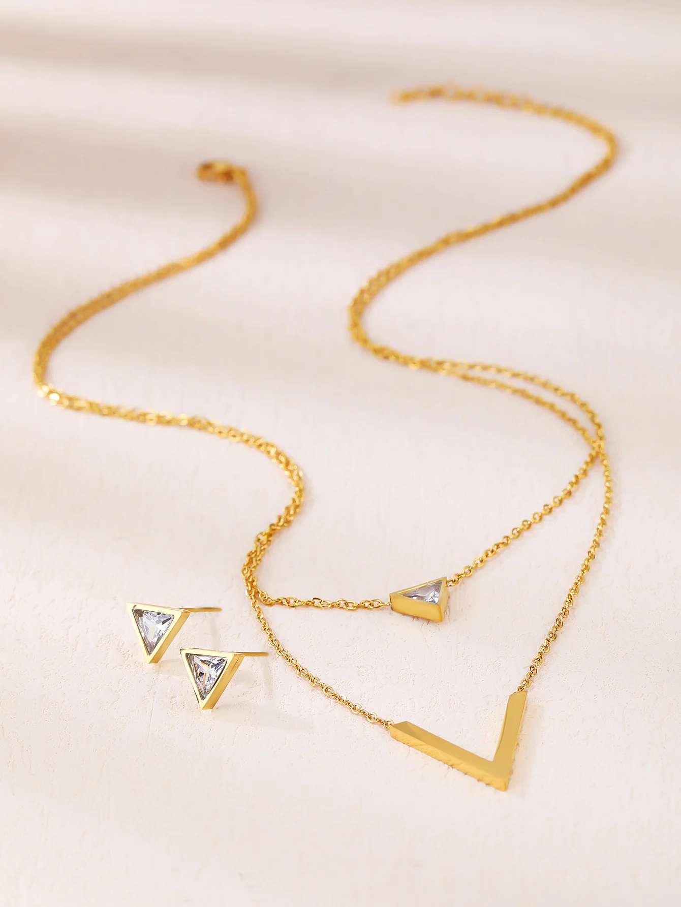 3 Piece Set Fashion Chic Ladies Triangle Zircon V-shaped Stainless Steel Double Necklace Classic Earrings Lovers Date Party Chri