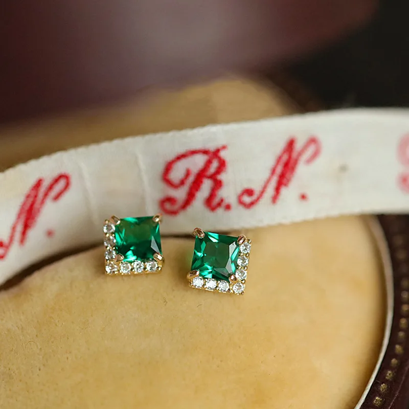 Luxury Shiny 925 Sterling Silver Square Green Crystal Stud Earrings for Women Korean Piercing Jewelry Accessory Gifts Colorfast