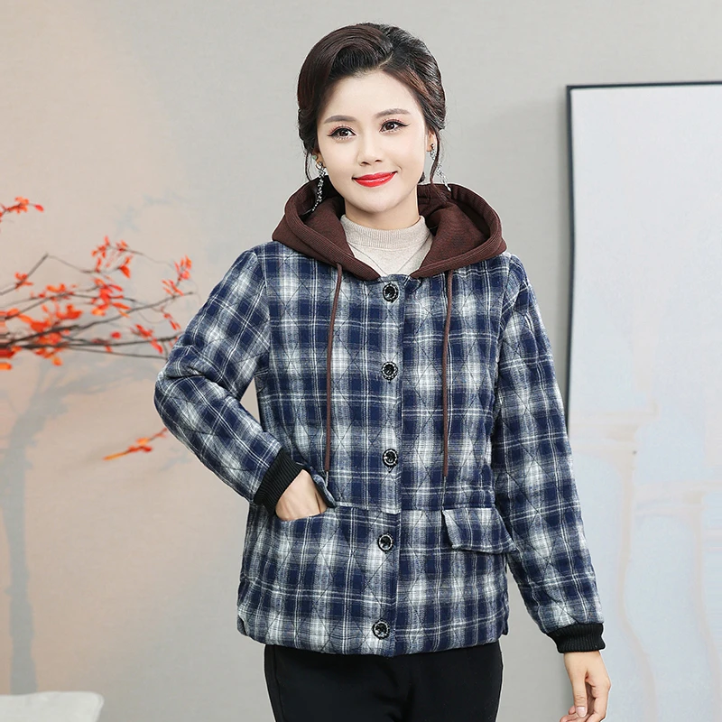 Middle Aged Women Autumn Winter Cotton Jacket New Grid cloth Hooded Thick Warm Short Outerwear Parkas Mother Coats