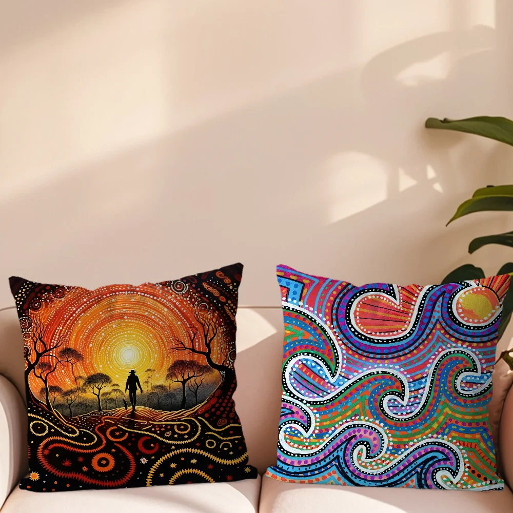 Aboriginal Art Pillow Case Living Room Accent Couch Back Support Square Lounge Restful Nap Companion ﻿