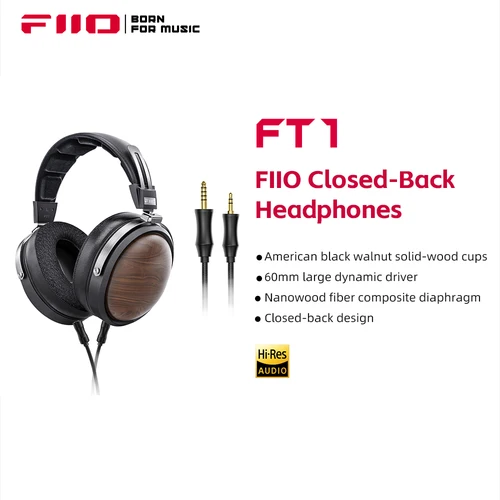 Imagen 1 del producto FiiO FT1-Nueva versión auriculares Hi-Fi con cable de diafragma compuesto de fibra cerrada, orejeras de nogal americano para estudio