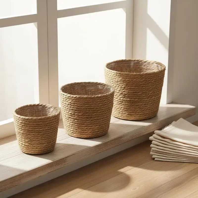 Rattan Basket Flower Pot Straw Grass Planter for Garden Terraces Natural Handwoven Decoration for Balcony and Courtyard