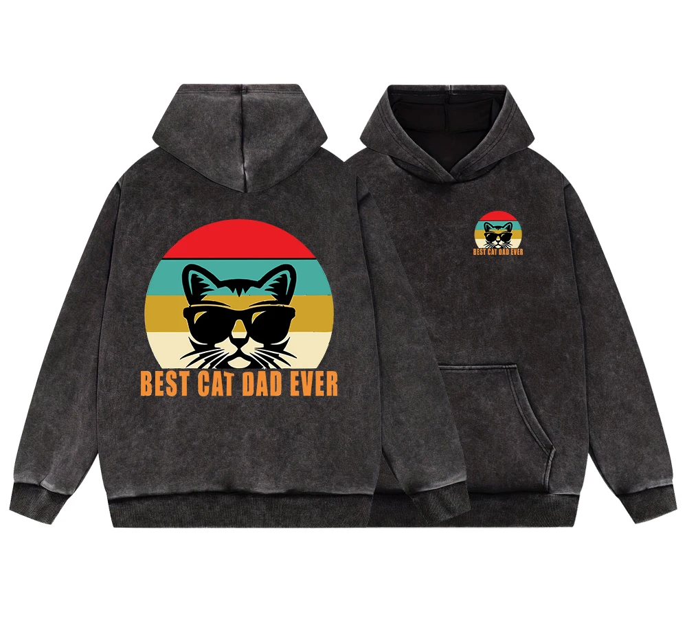 Best Cat Dad Ever Men Vintage Washed Cotton Sweatshirt Street Casual Oversized Pullover Hipster Loose Hoodies