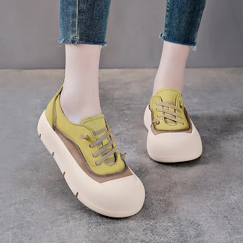 

Новинка весны 2024, повседневные туфли из натуральной кожи на толстой подошве на плоской подошве, цветная универсальная женская обувь с круглым носком в лесу