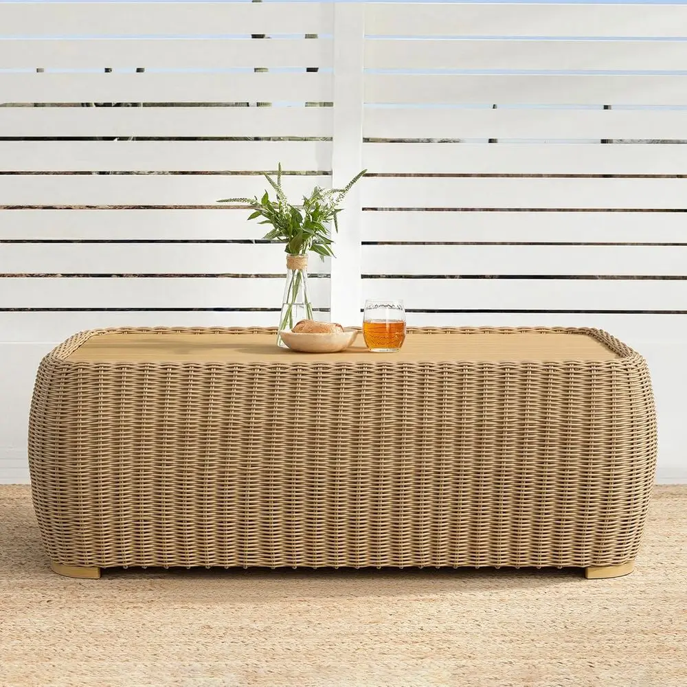 

All-Weather Rattan Outdoor Coffee Table with Wood-Grain Metal Top, 41, Light Brown, Fully Assembled