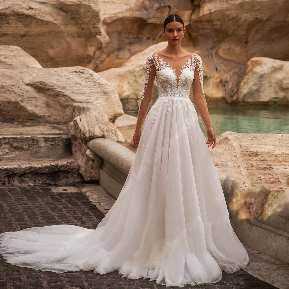 Eleganti abiti da sposa da donna con stampa Sexy scollo a V profondo a-line abiti da sposa in pizzo maniche lunghe banchetto di fidanzamento Vestidos De Novia