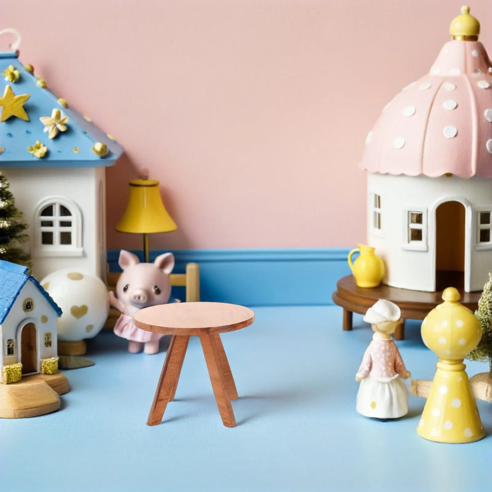 2Pcs Cherry Wood Miniature Round Table Set for Dollhouse Living Room Classroom Decor Natural Wooden Mini Desk Furniture