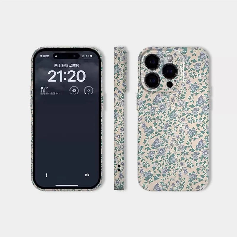 Korean Blue Small Floral Fragments Case for IPHONE 16 15PRO MAX 14 13 12 11 PRO Plus X Acrylic TPU Two in One Mobile Phone Cases