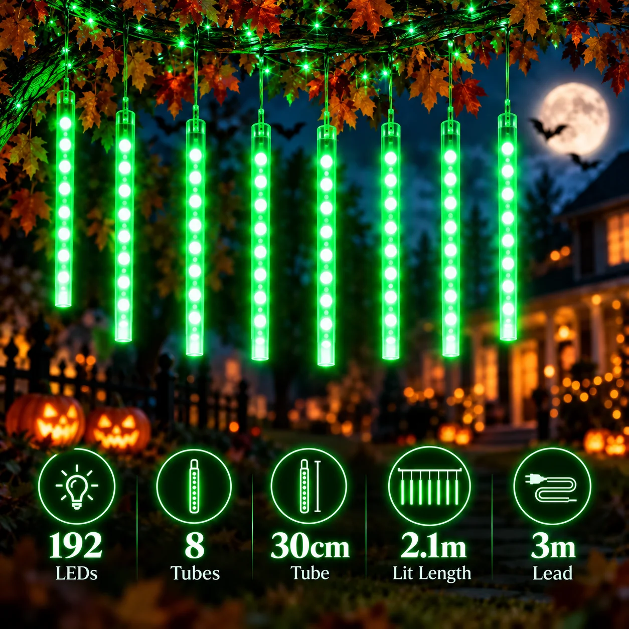 Halloween Lights USB Green Meteor Shower LED Falling Rain Icicle Fairy String Lights for Haunted House Porch Yard Party Decor