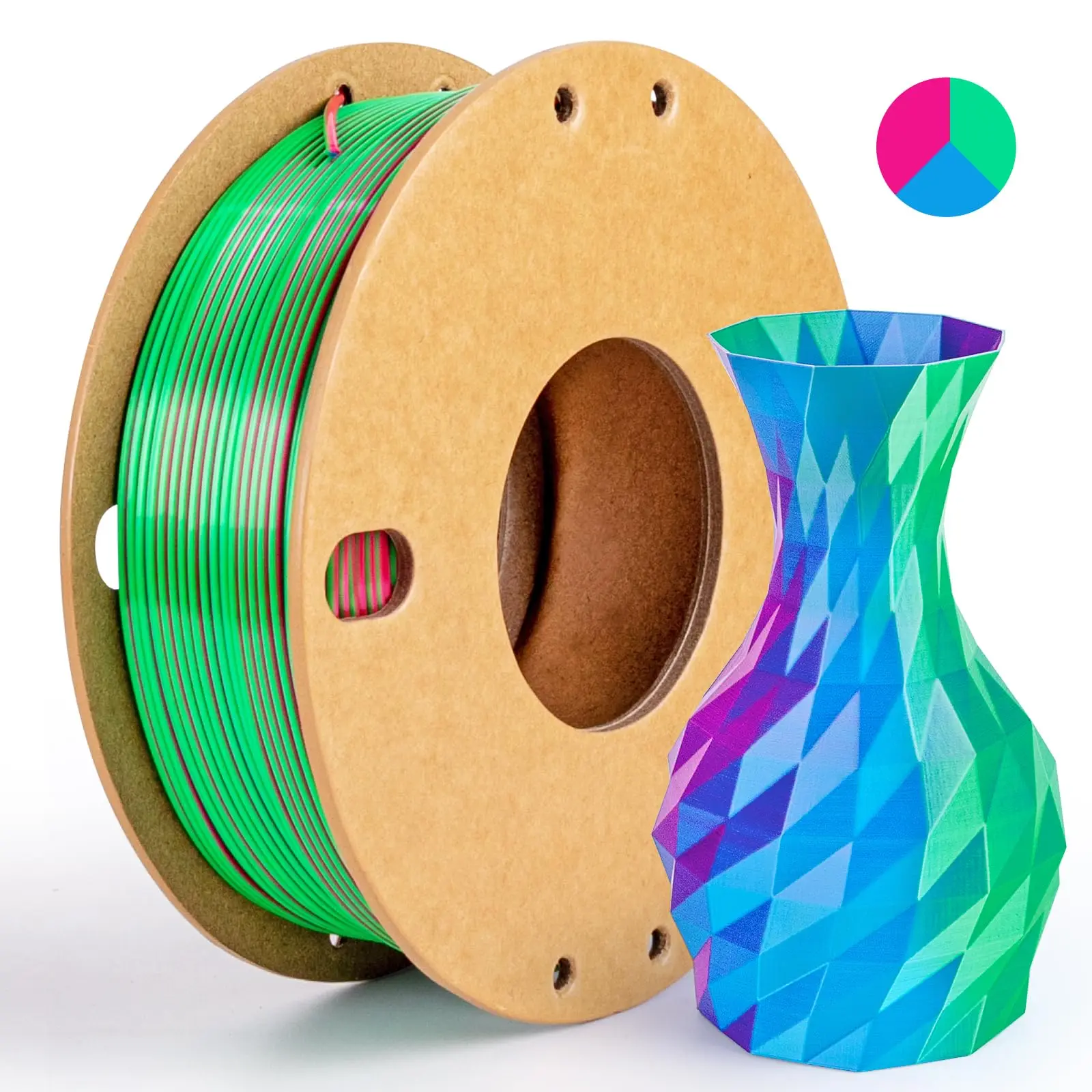 Driekleurig PLA-zijdefilament 250 g per rol Nettogewicht, geschikt voor FDM 3D-printers, 1,75 mm zijde PLA 3D-printmateriaal.