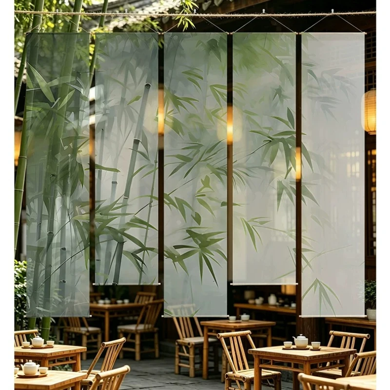 Boho Bamboo hanging room divider – Karesansui Privacy Screen, Semi Transparent Gauze Curtain for Yoga Studio & Tatami Room