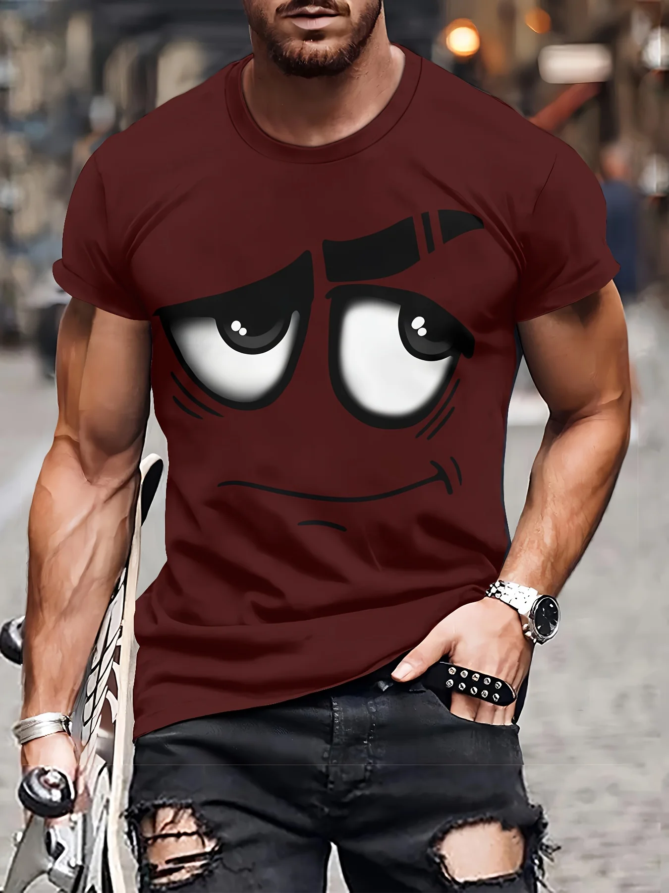 Men Funny Cartoon Face T‑Shirt Sly Smug Expression Big Eyes Graphic Short Sleeve Crew Neck Street Tops