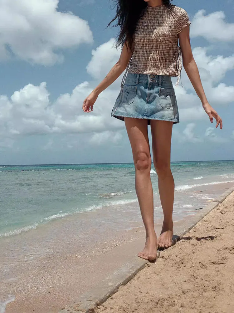 

Новая летняя коллекция 2026: Женский модный топ в клетку из шелка с пышными рукавами и плиссировкой, с завышенной талией, для повседневной носки, 100% другое волокно