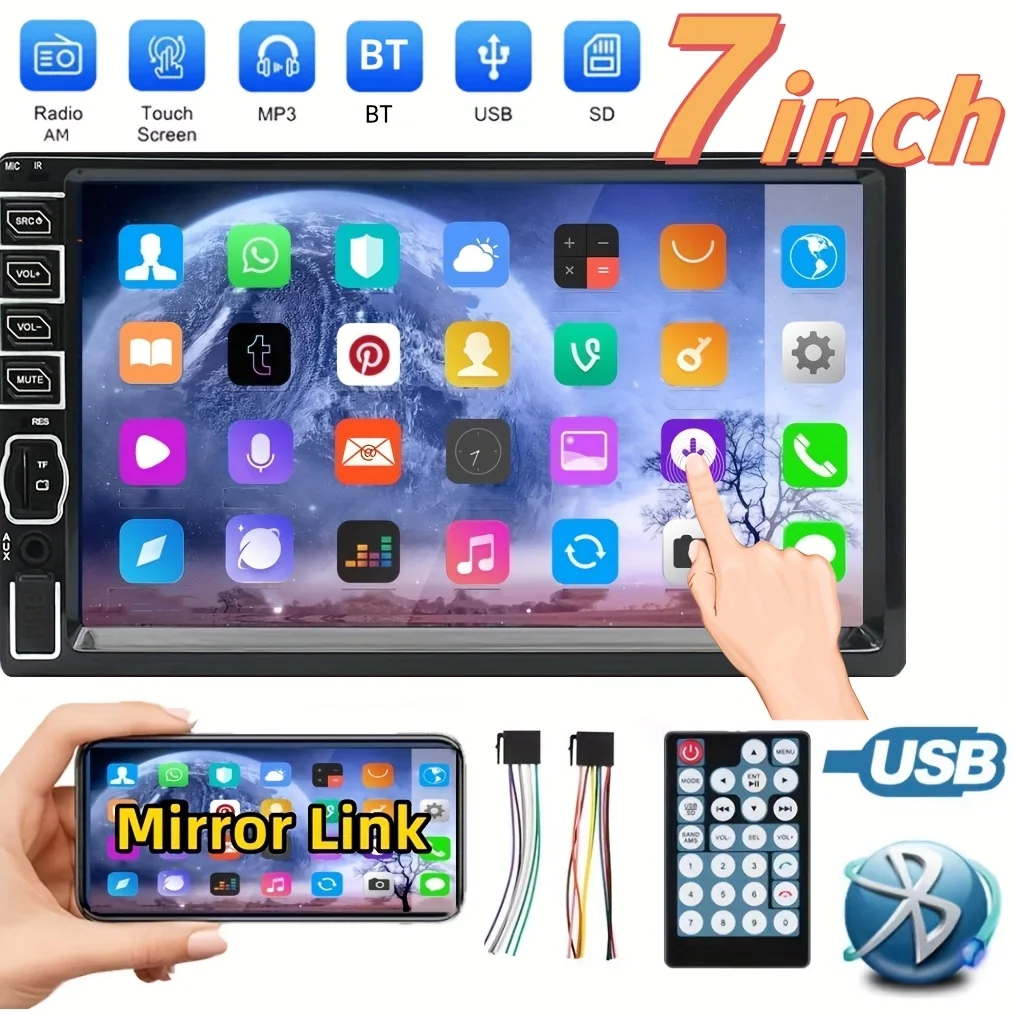 

Автомобильная стереосистема Double Din, сенсорный экран 17,78 см, автомобильная система громкой связи BT, поддержка AUX/USB/FM/TF-карты/зеркального звена с ИК-пультом дистанционного управления