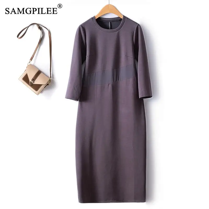 

Simple Dresses Women 2023 New Autumn Winter Air Cotton Twill Stitching Drape Over The Knee Soft Waxy O Neck Elegant Female Dress