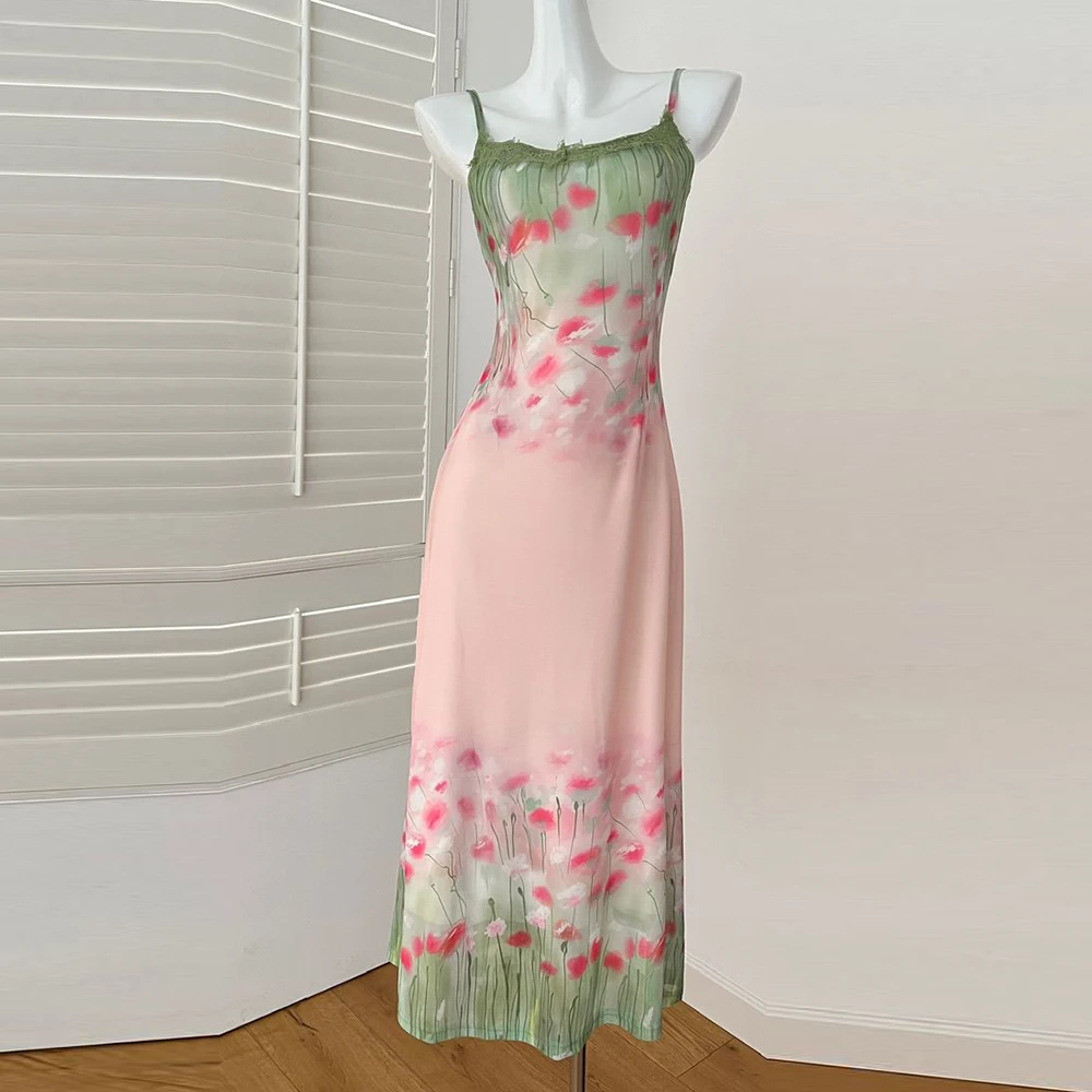 

Home French Retro Square Neck Suspender Skirt Spring Summer Gentle Wind High Waist Backless Floral Dress Women