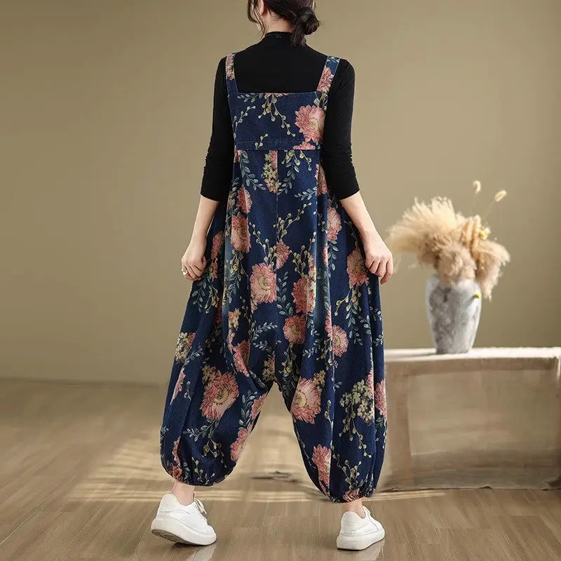 2024 Autumn And Winter Denim Loose Large Size Women's Clothing Casual Shoulder Strap Pants Lantern Printed Jeans Jumpsuit A565