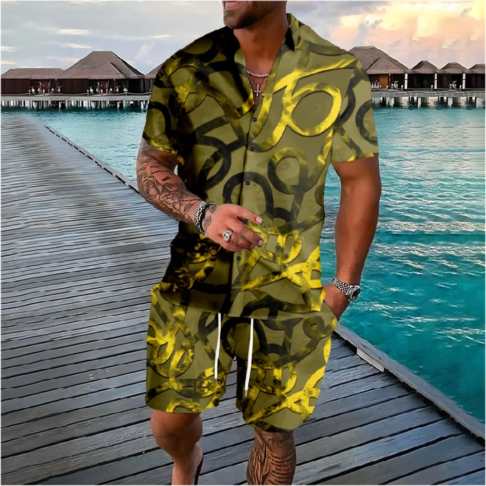 Gaya liburan Hawaii warna asap elemen kemeja kancing set celana pendek Streetwear pakaian olahraga kasual pantai pakaian pria