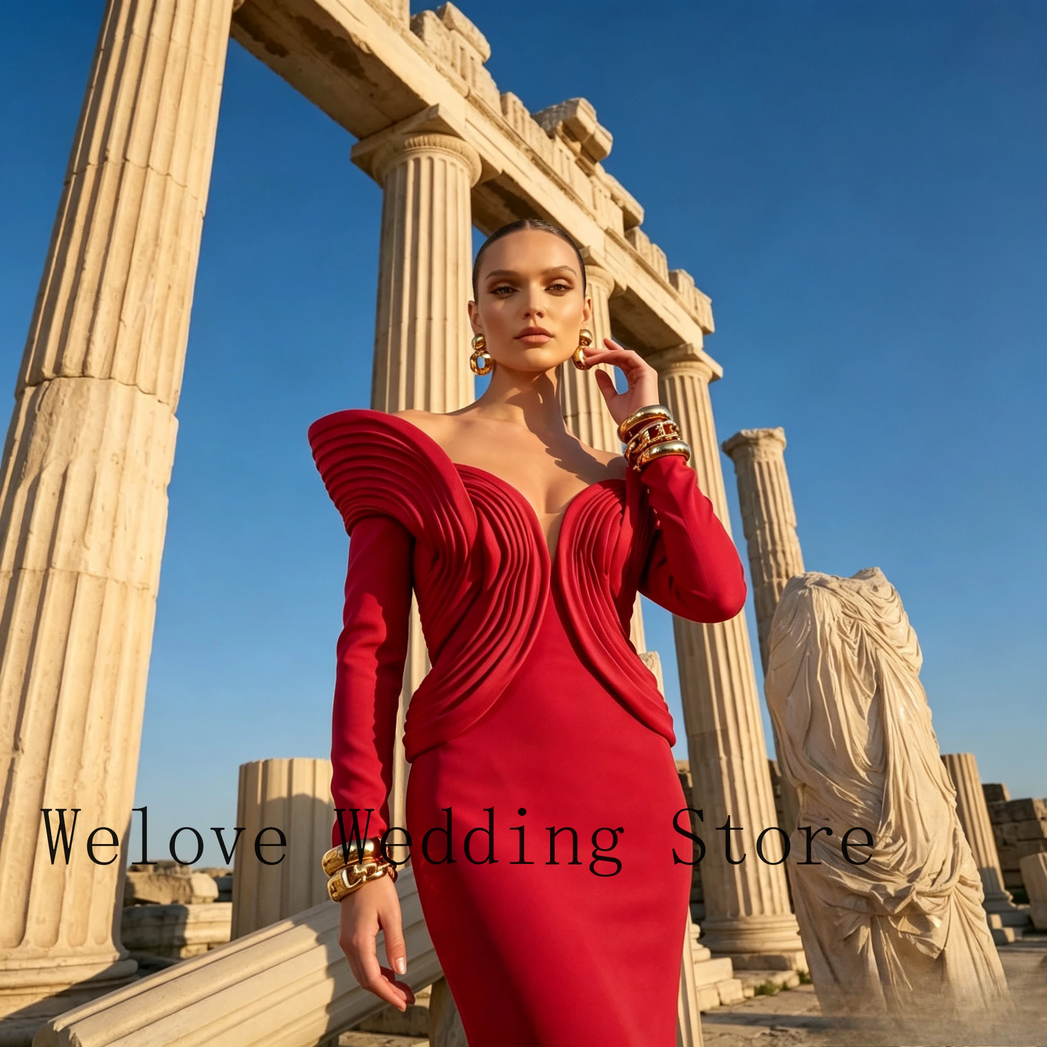 Vestido de Noche Formal Rojo con Escote Bardot, Corpiño Plisado Estructurado, Mangas Largas y Silueta de Sirena para Baile de Graduación