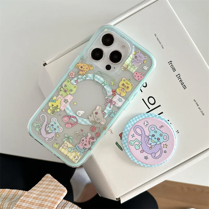 Kawaii Cartoon Animal Magnetic Phone Case dla iPhone 16 Pro 15 14 13 Pro Max Cover z Magsafe Stand Grip Tok Shockproof Cases