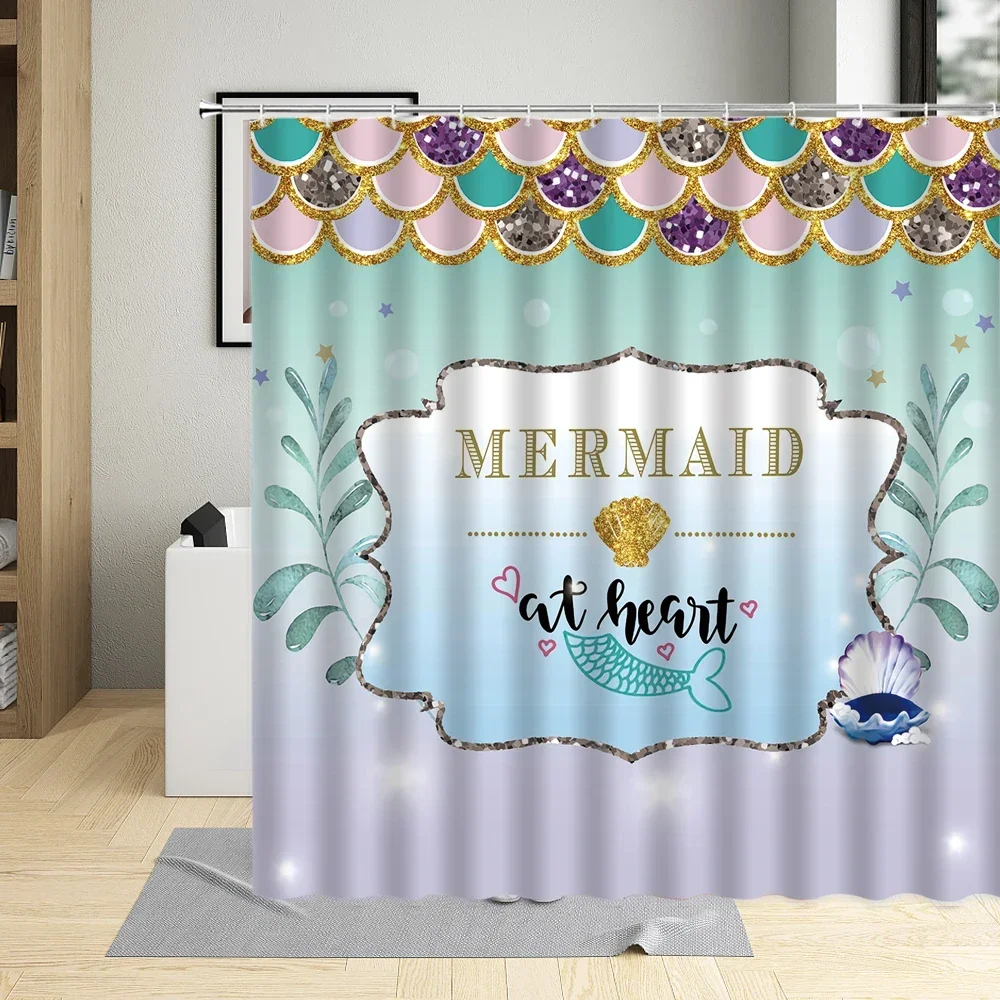 Cartoons Mermaid Colorful Fish Scales Bathroom Curtains Polyester Bathtub Decor Shower Curtains Wall Decoration Screen With Hook