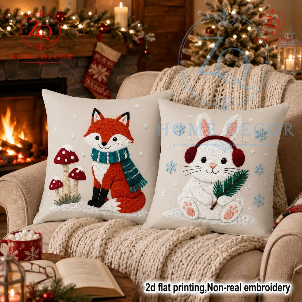These winterthemed Christmas pillowcases feure a red fox  white rabbit design paired with a retro est snow scene creing