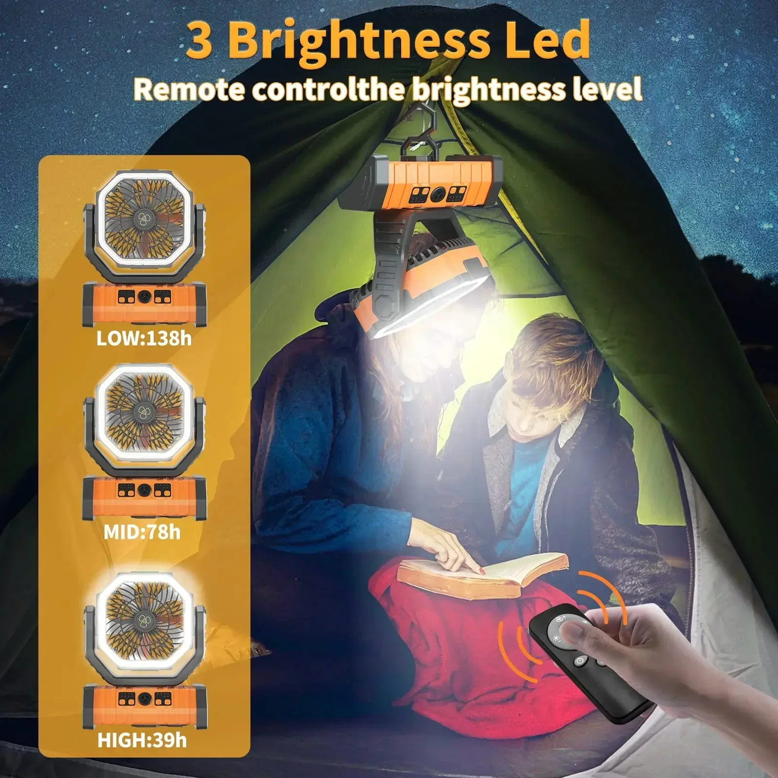 Kipas Berkemah Isi Ulang USB 20000MAh 10000MAh Baterai Kapasitas Tinggi Kipas Meja Tanpa Kabel Kipas Tenda dengan Lampu LED & Kait