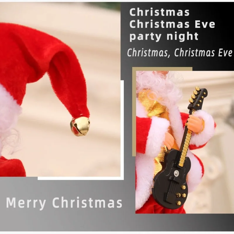 ซานตาคลอสไฟฟ้าในวันคริสต์มาสส่ายสะโพกและเล่นกีตาร์พร้อมดนตรี ของตกแต่งคริสต์มาส