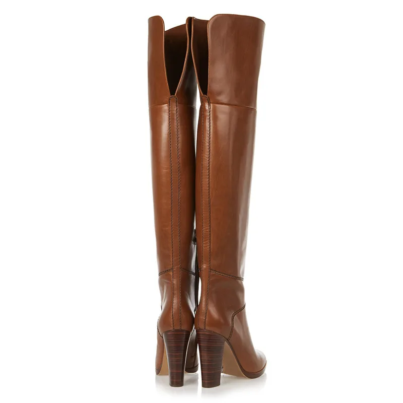 Brown Leather Chunky Heel Women Long Boots Brand Design Large Size Over the Knee Boots Celebrity Banquet Shoes Dropship