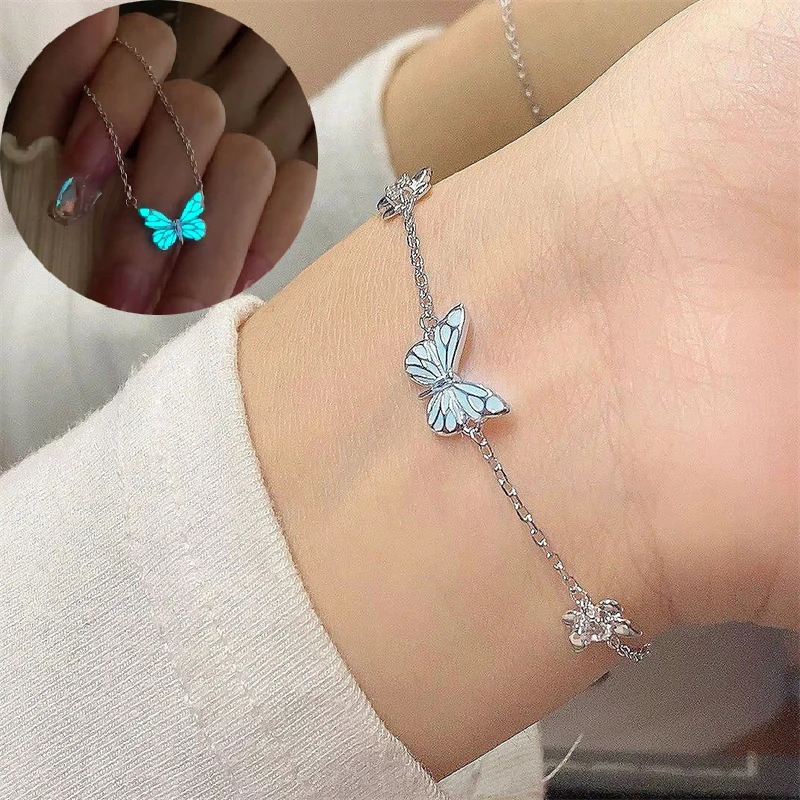 Glow in the Dark Blue Luminous Butterfly Bracelet for Women Silver Color Clavicle Chain Choker Necklace Party Jewelry Gift