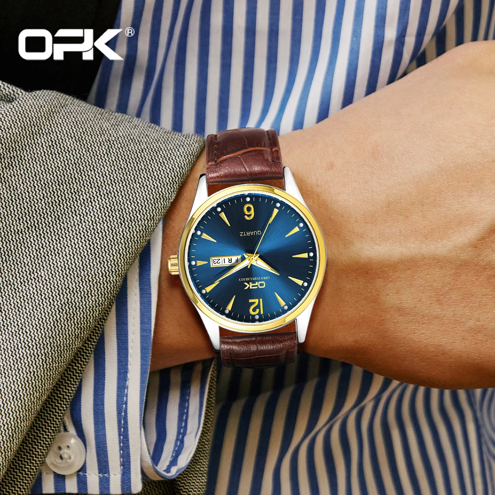 OPK brand luminous waterproof double calendar belt men's quartz watch 8138