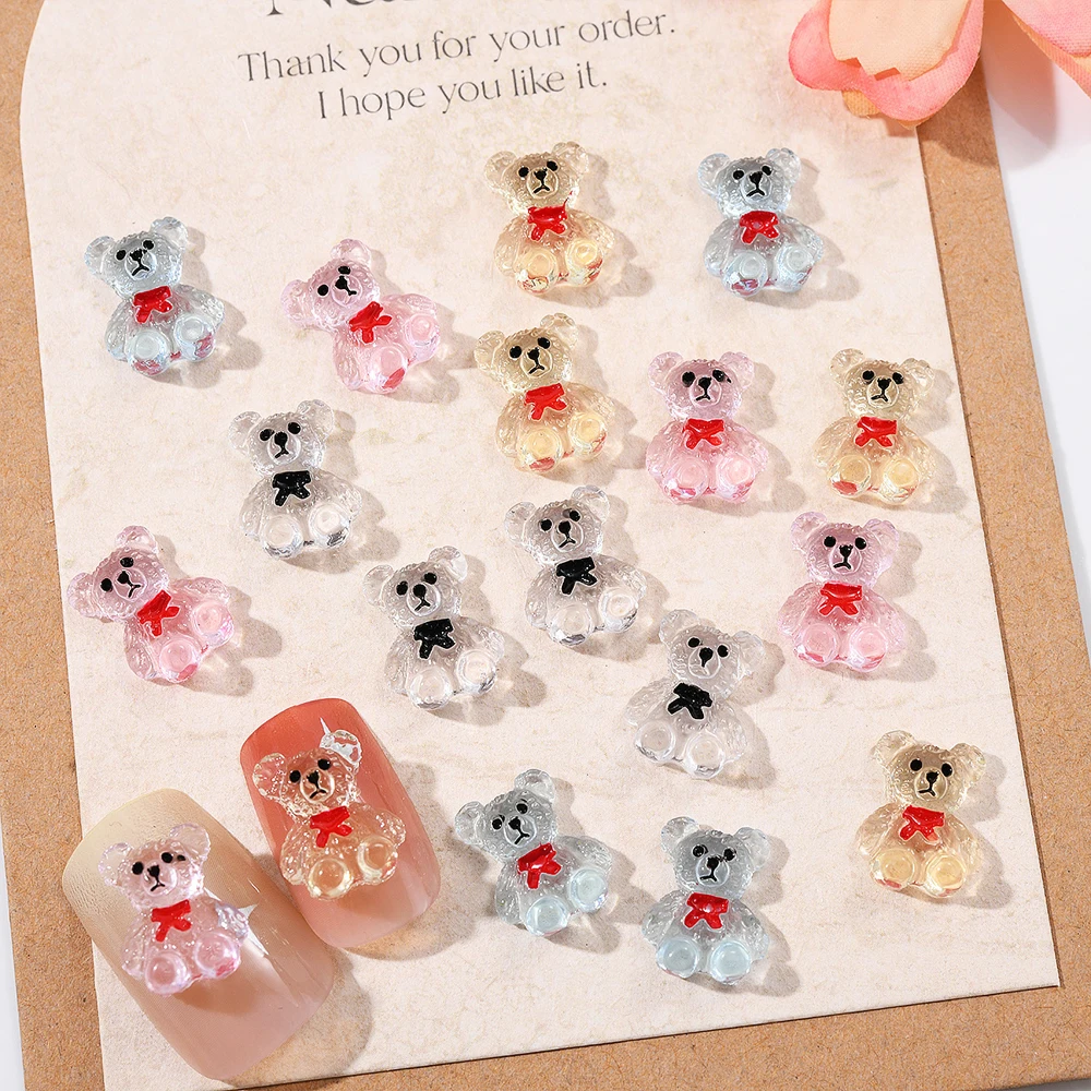 20Pcs Kawaii Bear Nail Art Charms 3D Fashion Colorful Cute Transparent Resin Tie Bear Nail Decorations DIY Exquisite Accessories
