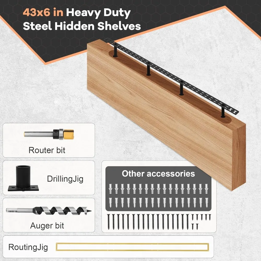 دعامات أرفف عائمة كبيرة الحجم مقاس 43 × 6 بوصة، أجهزة تثبيت على الحائط مخفية، فولاذ صلب سميك لدعم قوي، متينة #4