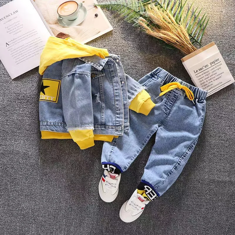 2024 Autumn Winter Boys Jean Set Jacket New Cowboy Jeans Suit Jacket Handsome Children Clothing Kids Outfits