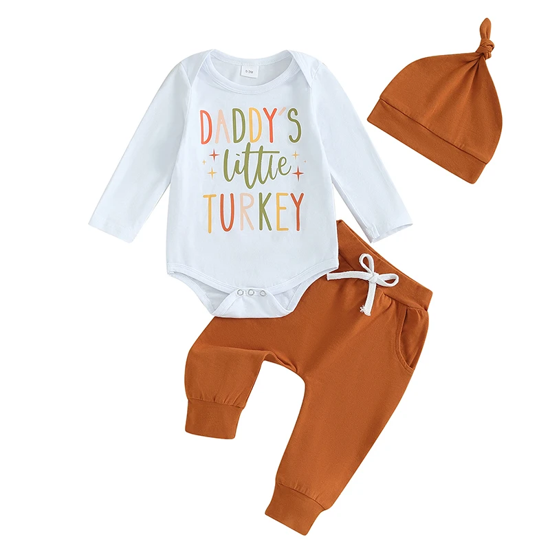 

Baby Boys 3PCS Pants Sets Long Sleeve Letter Print Romper and Drawstring Pants Hat Sets