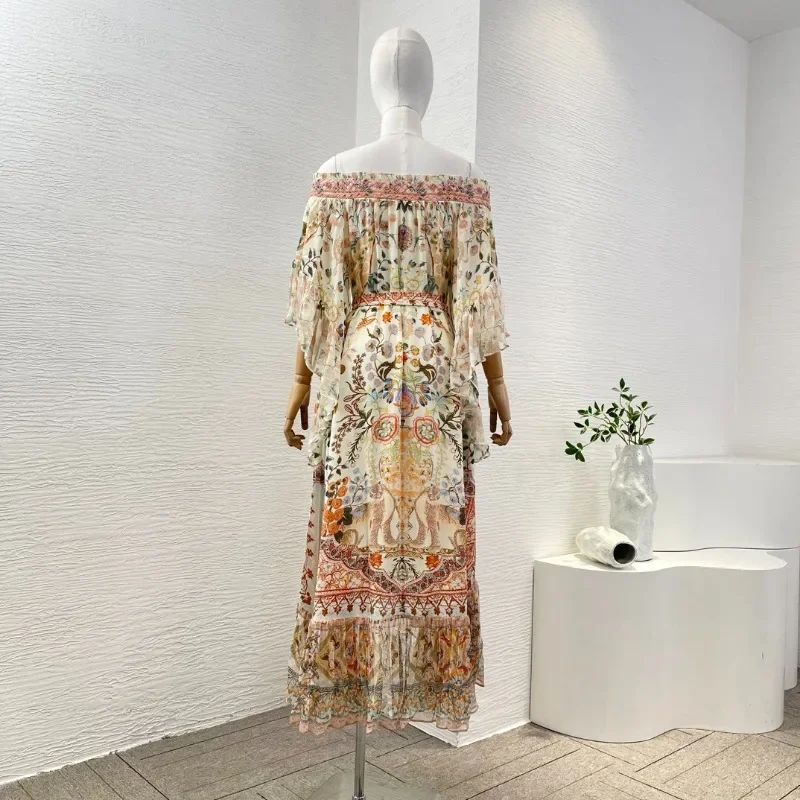 New Arrivals Multi Color Floral Print Long Sleeve Off the Shoulder Diamonds High Quality Women Loose Midi Dress for Holiday