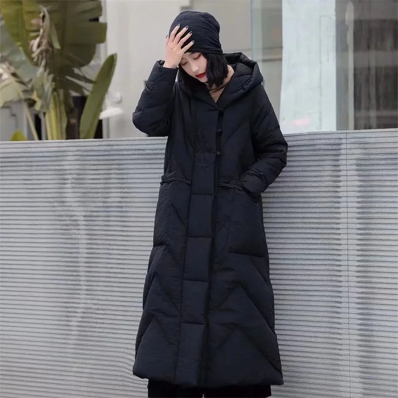 Winter Unten Baumwolle Gepolsterte Frauen Chinesischen Nationalen Stil Lange Outwear Verdickt Warme Mit Kapuze Parka Mantel Weibliche