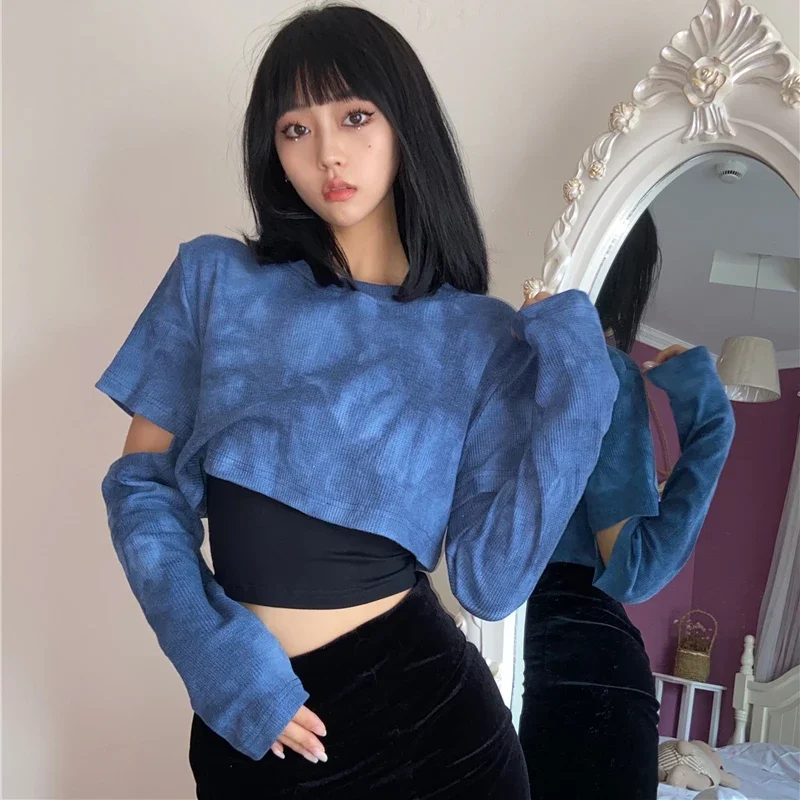 Kpop Women Group Jazz Dance Tie-Dye Girls Outfits Long Sleeve T-shirts Black Slim Sling Vest Crop Tops Nightclub Stage Costume