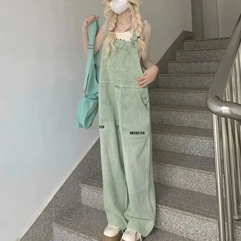 

Braces Dnim Pants Light Green High Waist For Women Chic Spring Autumn Straight Loose Jeans Female Jumpsuit Streetwear