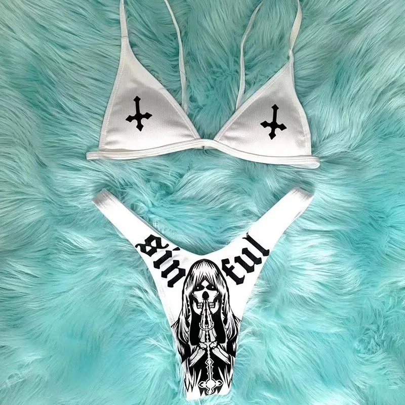 Goth Sexy Bikini Set Women Two-piece Swimsuit Cross Skull Print Y2K Beach Suit Swimsuit Bathing Suit Swimming Wear Bra And Brief