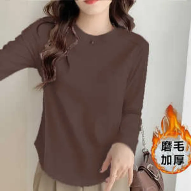 Autumn Winter Thin Long-sleeved Bottoming Shirt for Women Fashionable Fishbone Design Irregular Curved Hem Inner Top
