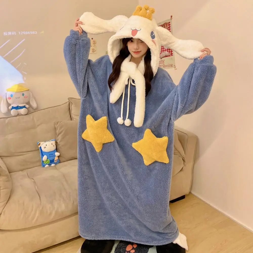 

Cute Cinnamoroll Pajamas for Women Sanrio Melody Winter Coral Velvet Thickened Warm Cartoon Nightgown Hooded Funny Home Clothes